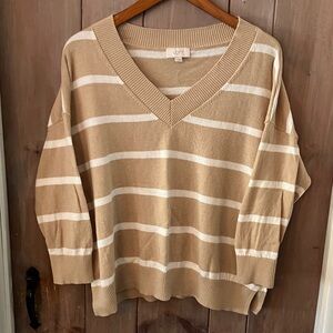 LOFT Tan and Cream Striped V-Neck Flowing Sweater